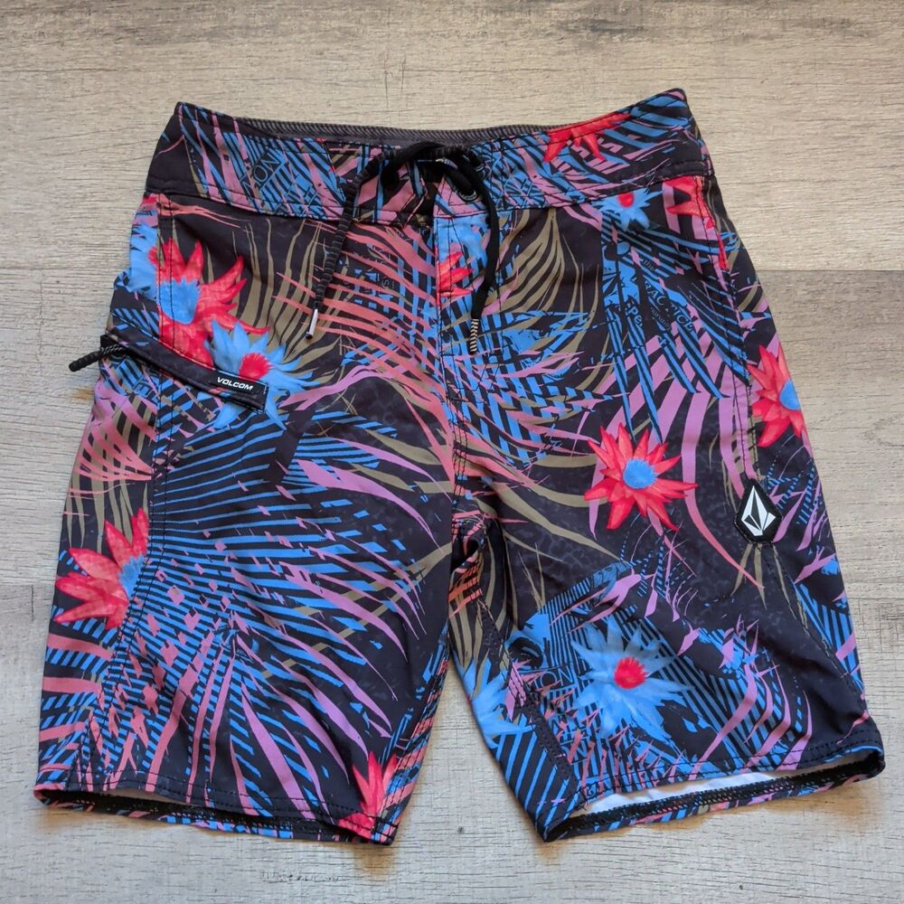 Volcom Mod-Tech Black Red Blue Stretch Pocket Swim Surf Beach Board Short 25